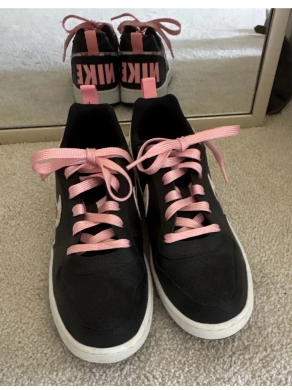 Nike Women's Black Sneakers with Pink Laces and Heel Logo